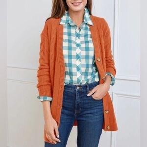 Talbots Sweater Cardigan Sz S Cable Knit V-Neck Button Preppy Wool Blend Stretch